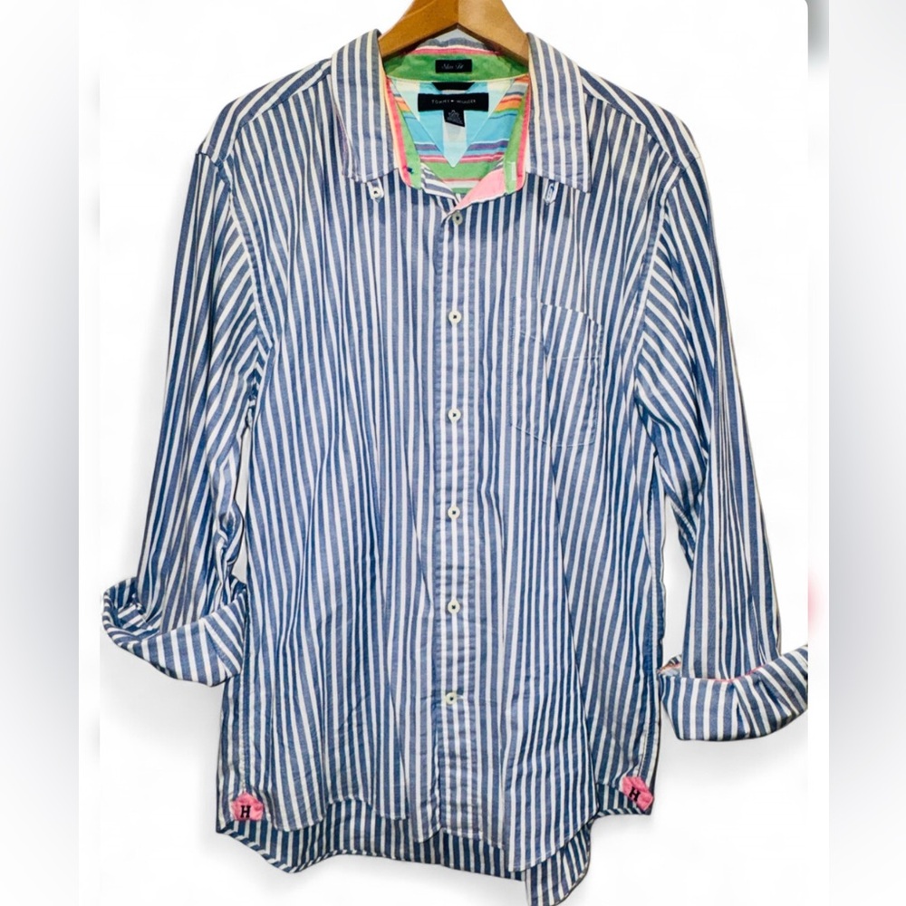 Tommy Hilfiger Slim Fit Striped Button Down Shirt XL Rainbow Lined Cotton